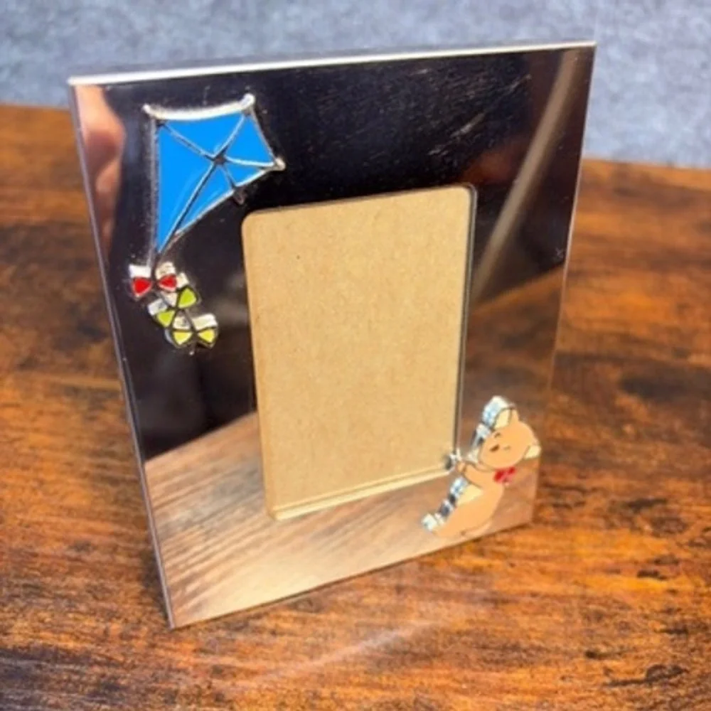 VTG Kirk Stieff Silver Plate Teddy Bear Kite Enamel Frame Nursery Decor Keepsake